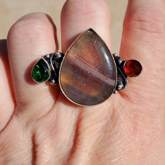 New Fluorite, Garnet and Green Quartz 925 Silver Ring. - Picture 10 of 15